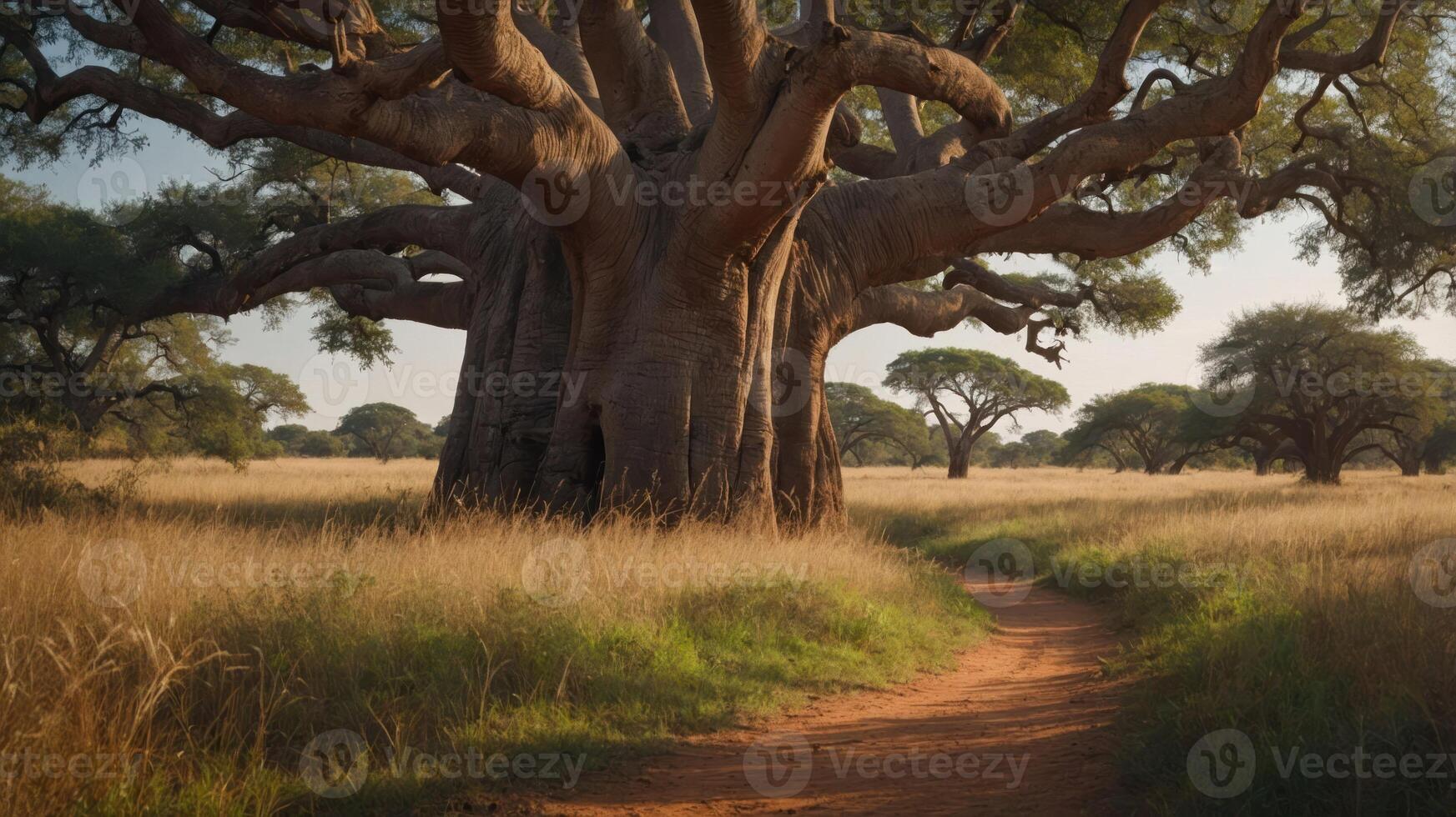 A majestic baobab tree stands prominently in a grassy landscape with a winding path. photo