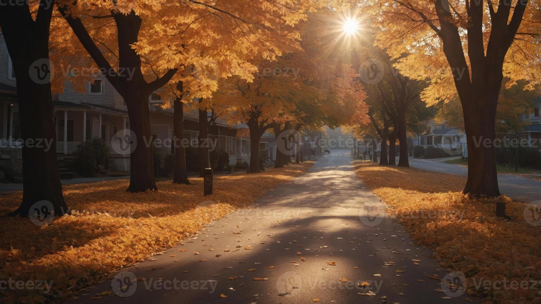 A serene autumn street lined with colorful trees and fallen leaves, illuminated by sunlight. photo