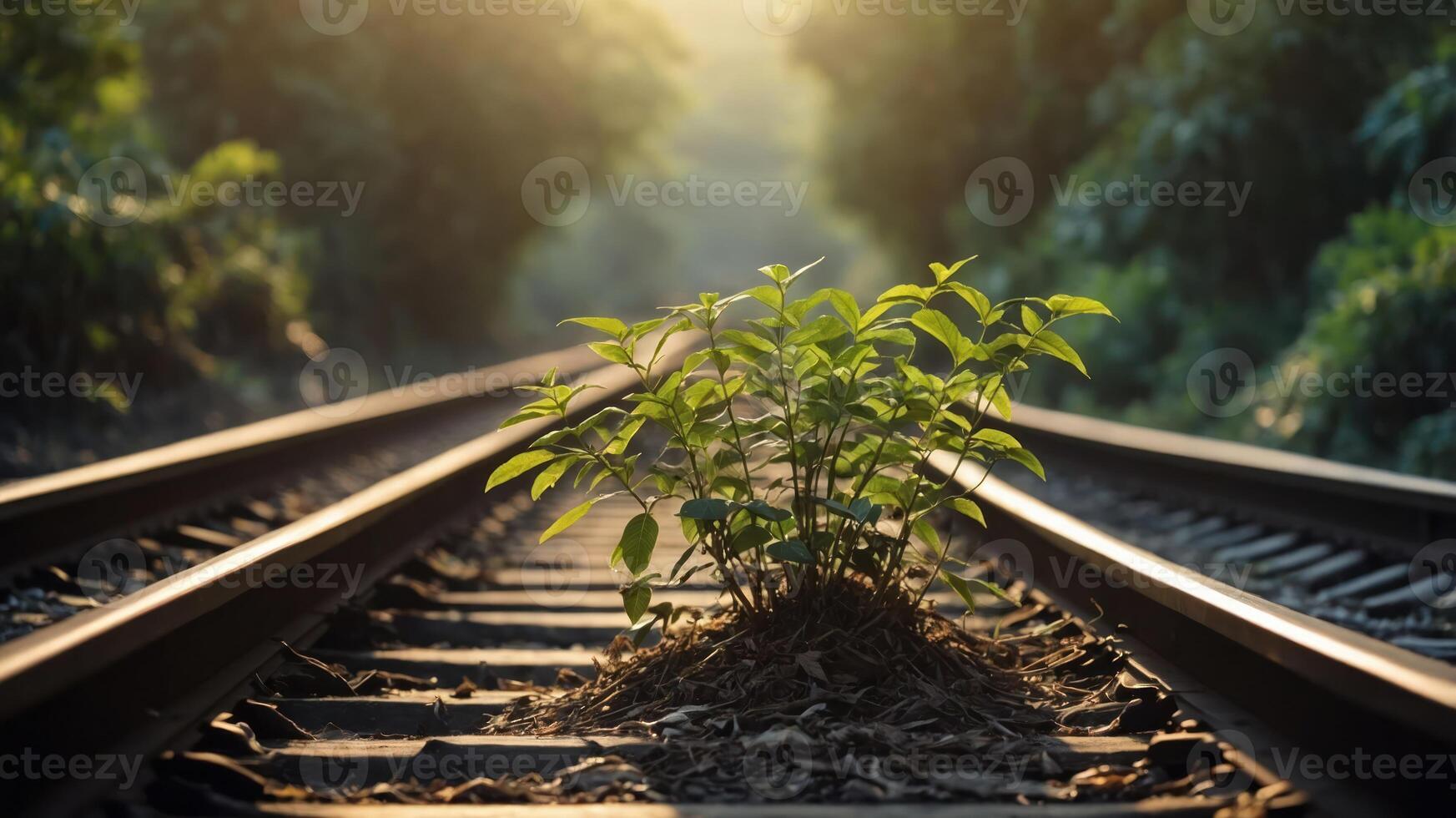 A small plant grows between railway tracks, symbolizing resilience in nature. photo