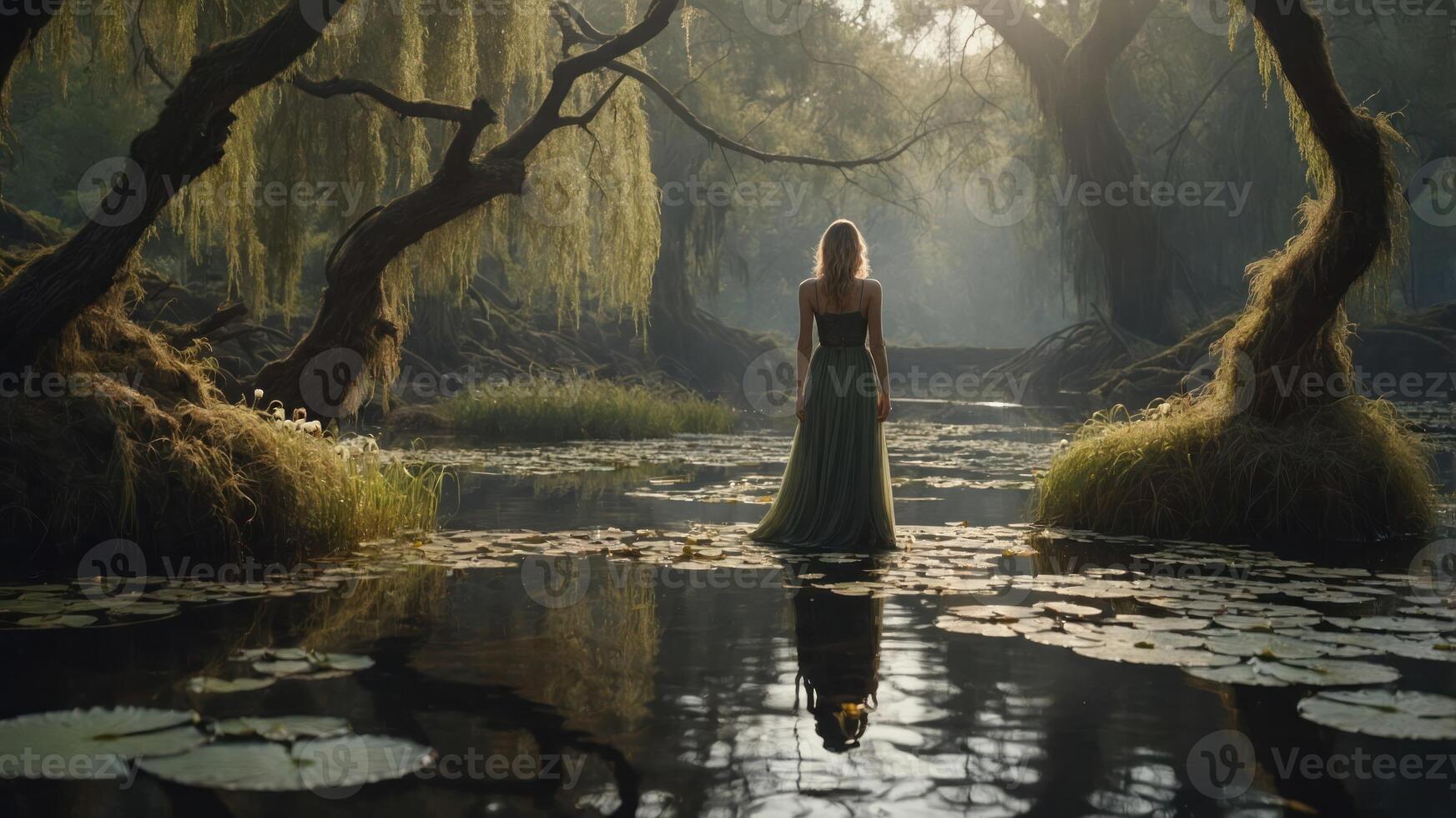 A serene figure stands amidst a tranquil, misty landscape with water lilies and lush greenery. photo