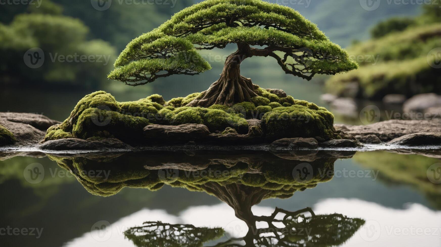A serene bonsai tree reflected in calm water, showcasing nature's beauty and tranquility. photo