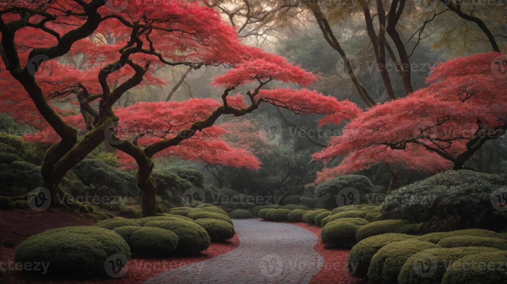 Serene garden path lined with vibrant red trees and lush greenery. photo