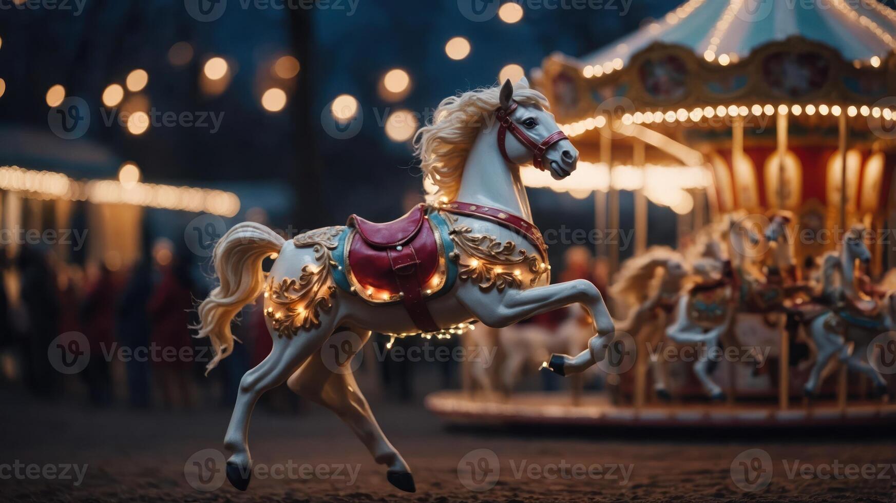 A beautifully illuminated carousel horse in a festive setting at dusk. photo