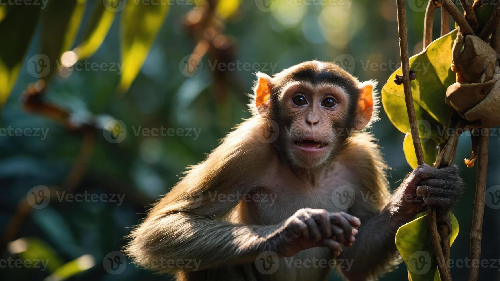 A young monkey curiously explores its environment amidst lush greenery. photo