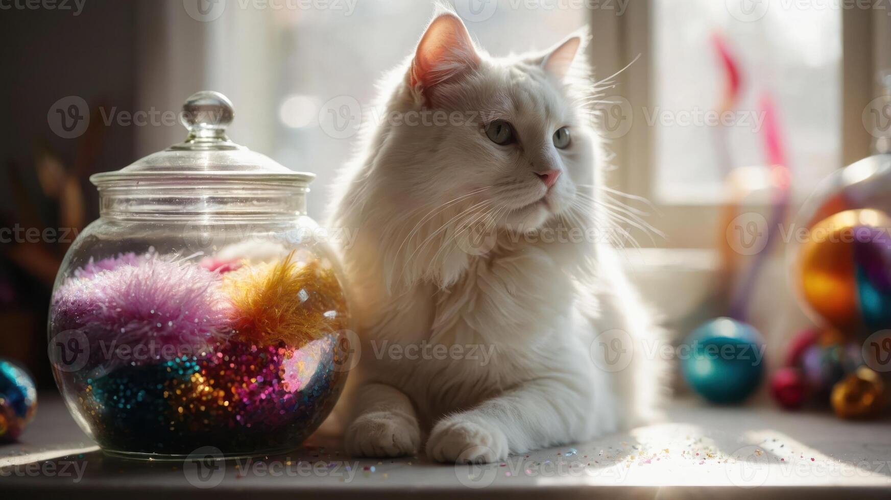 A fluffy white cat rests beside a glass jar filled with colorful pom-poms and glitter. photo
