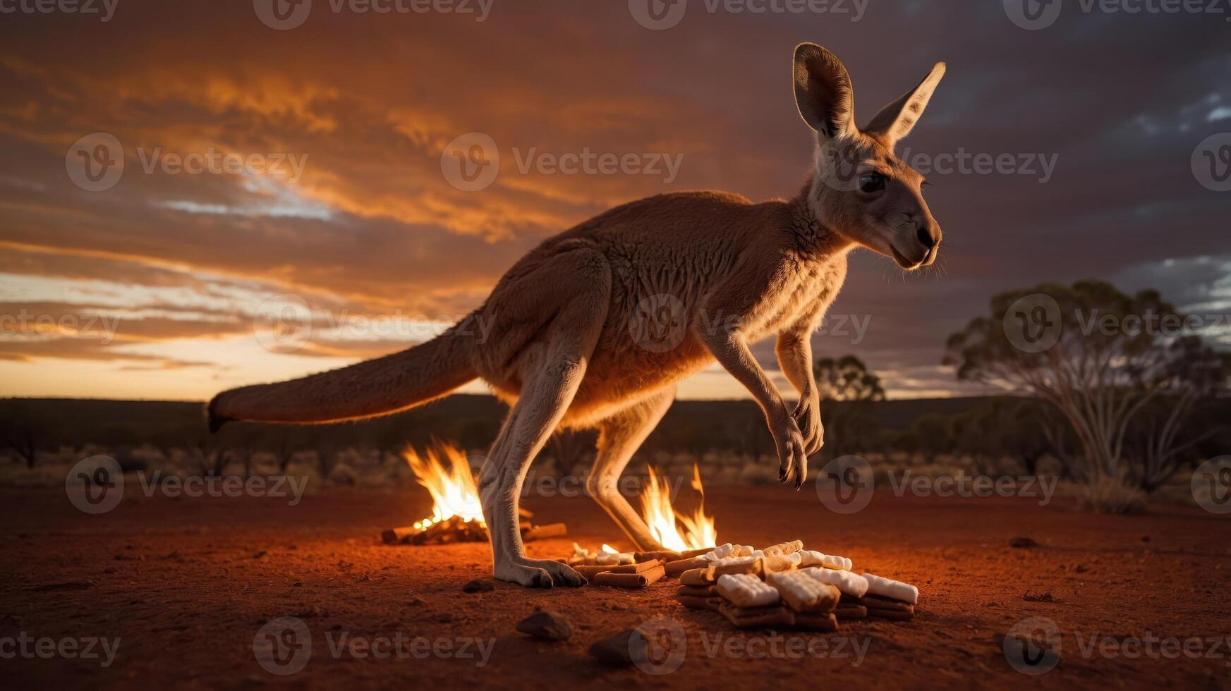 A kangaroo stands near a campfire at sunset in a desert landscape. photo