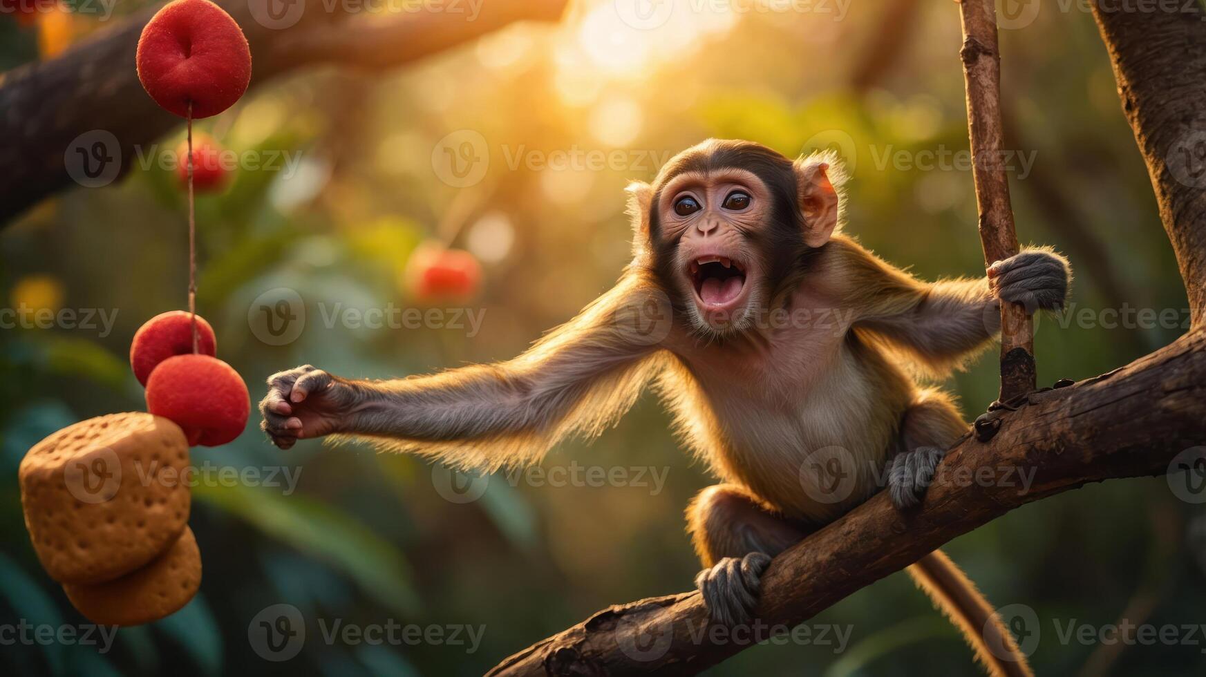 A playful monkey reaching for food on a branch in a sunlit forest. photo