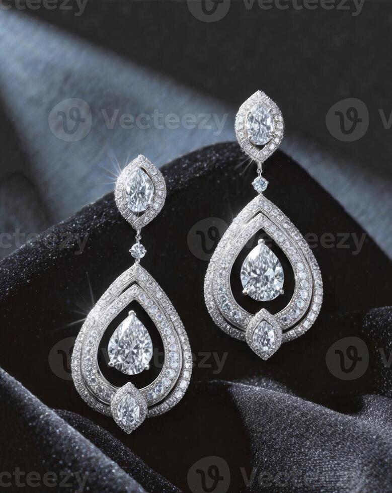 Luxurious silver drop earrings with diamond encrustations shine on black velvet under dramatic lighting photo
