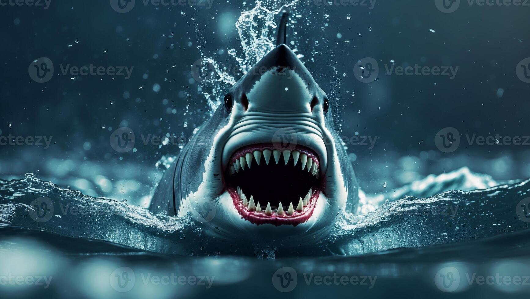 shark emerging from the ocean with its mouth open photo
