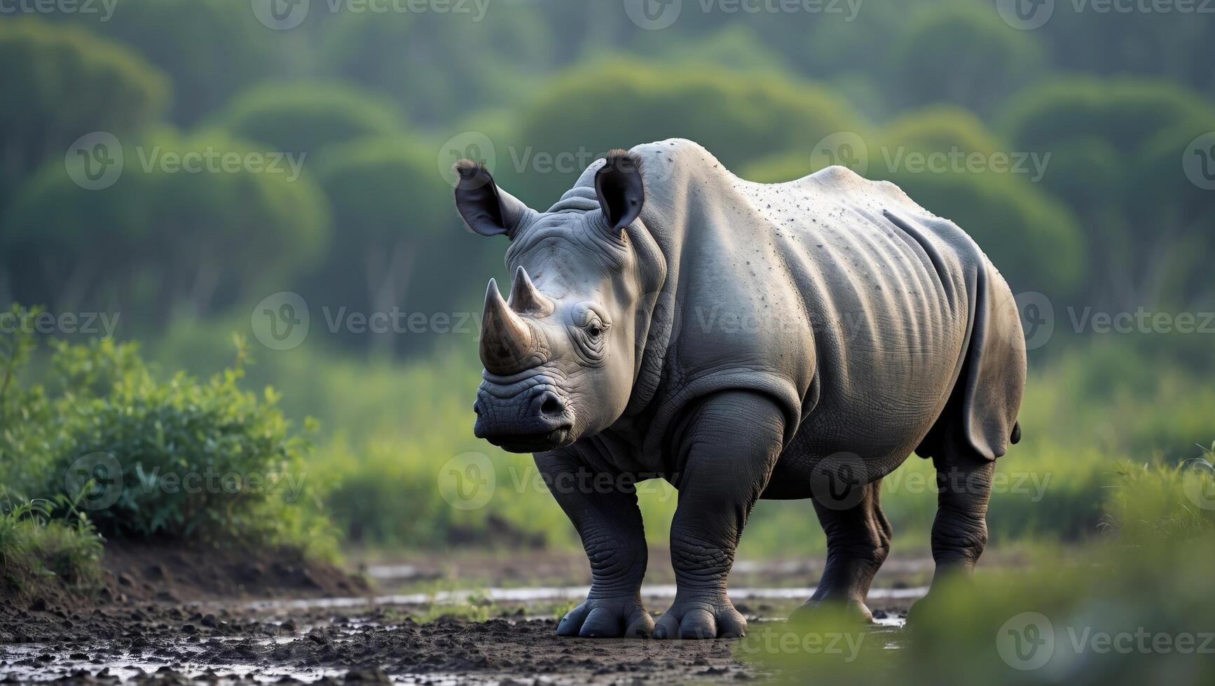 A rhinoceros standing in a muddy patch with a backdrop of lush greenery photo