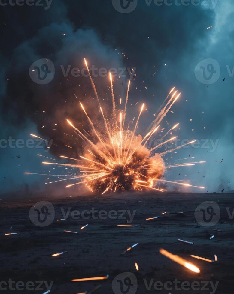 Explosive Action Captured With Flying Bullets and Bursts of Fire in Dark Surroundings photo