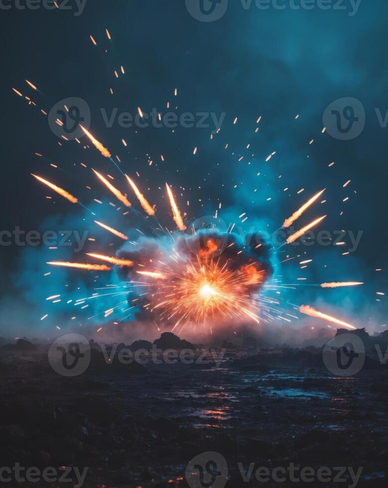 A large explosion with fire and smoke coming out of it photo