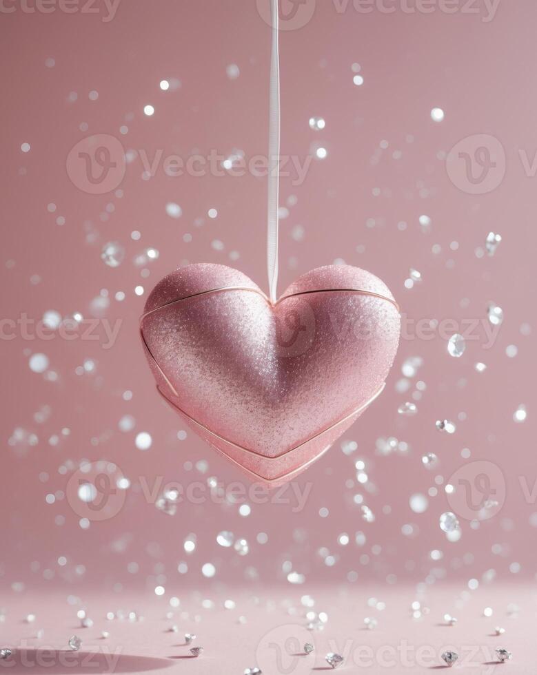 Glittering pink heart decoration with floating gems on a soft pink background photo