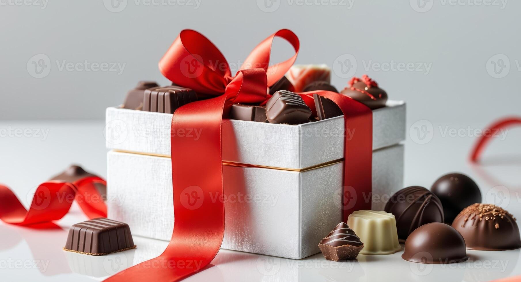 A decorative box filled with assorted chocolates tied with a red ribbon photo