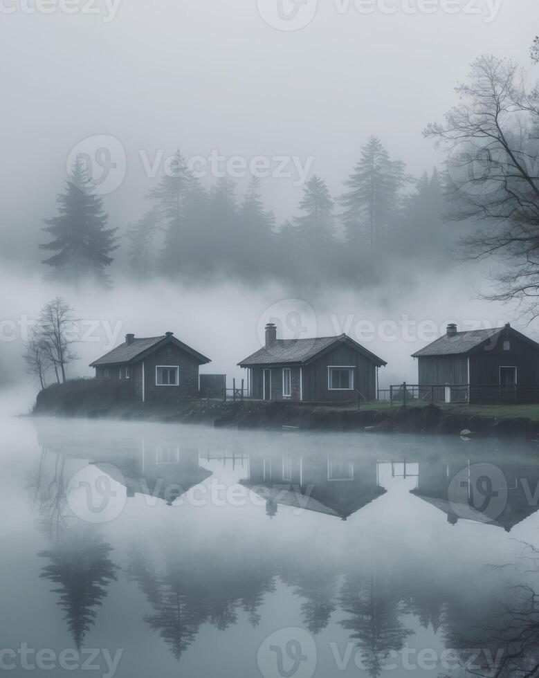 cottages and villas seen through the dense fog covering water of lake shadows of the trees reflected in water sleepy misty landscape photo