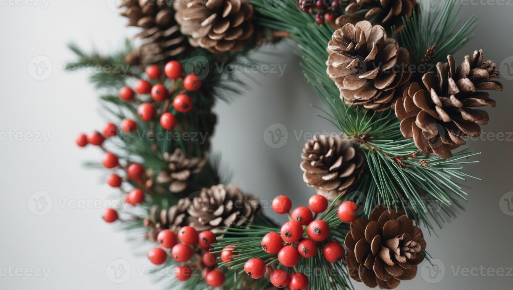 a close up of a wreath with pine cones and berries photo