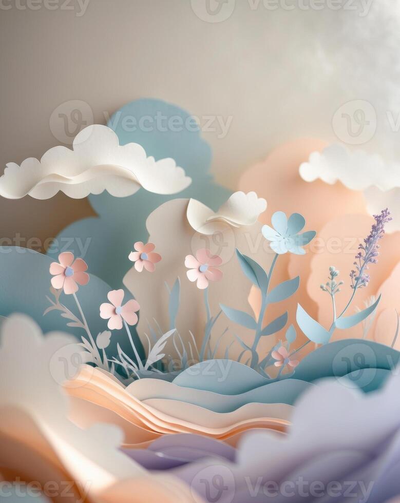 Paper Cut Landscape with Flowers and Clouds in Soft Pastel Colors photo