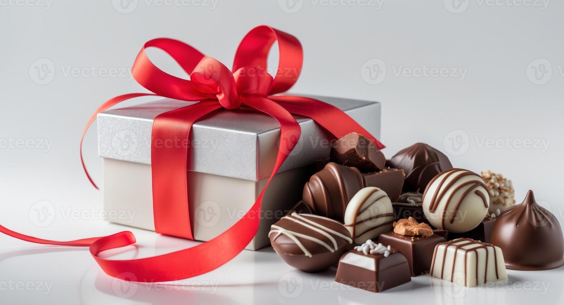 A decorative box filled with assorted chocolates tied with a red ribbon photo