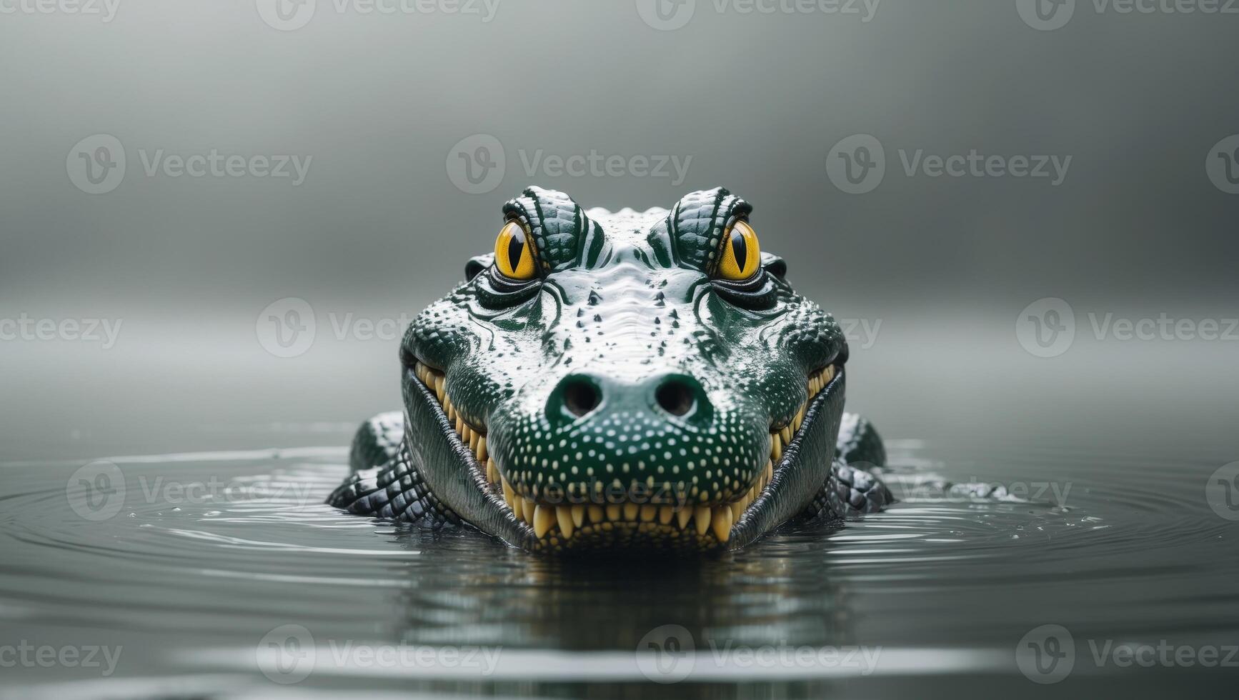 Alligator emerging from water with only its eyes and snout visible in a misty and mysterious atmosphere photo