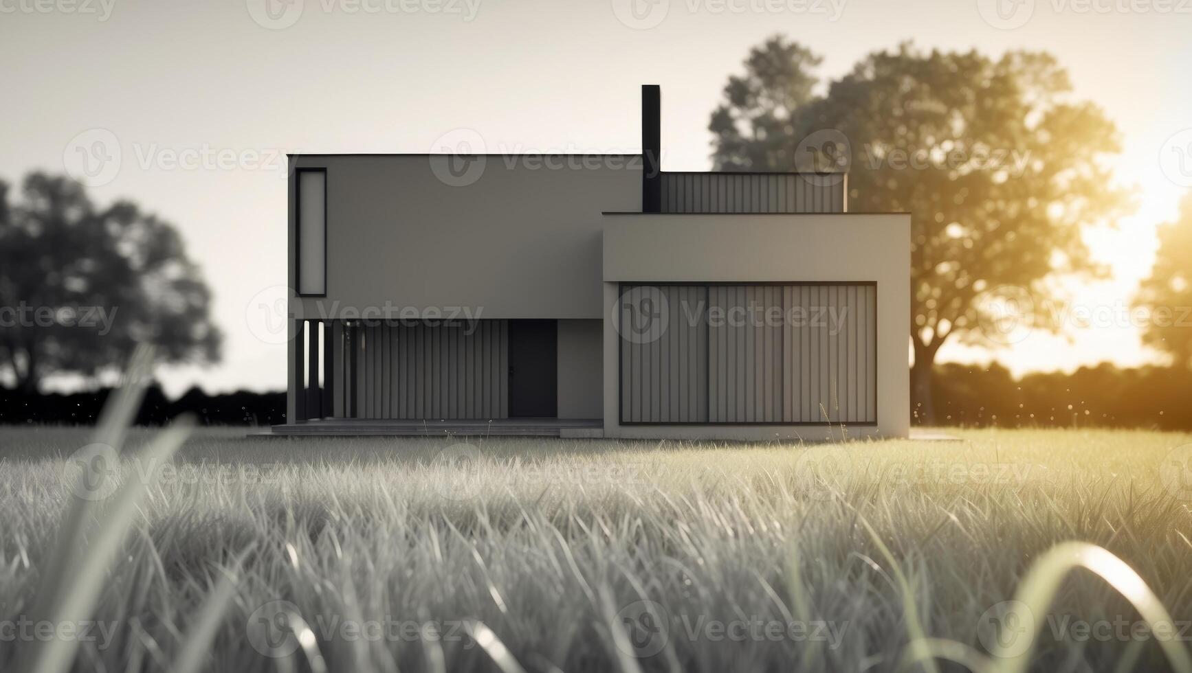 A modern house in the middle of a field photo