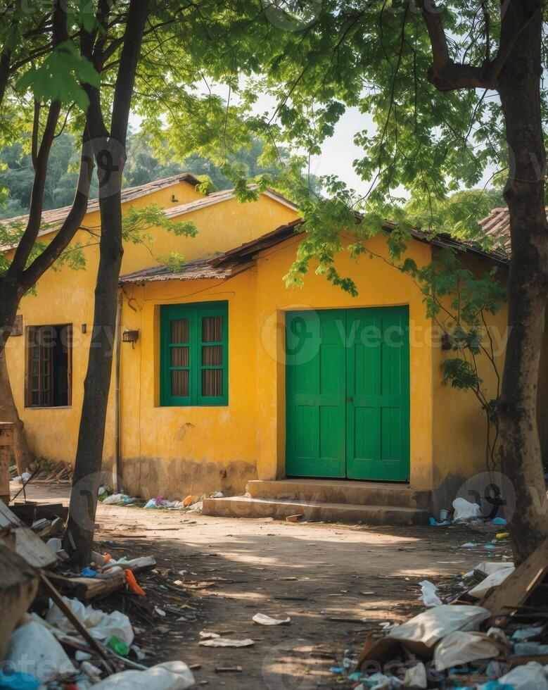 Village House with Yellow Walls and Green Doors Surrounded by Trees and some Garbage photo
