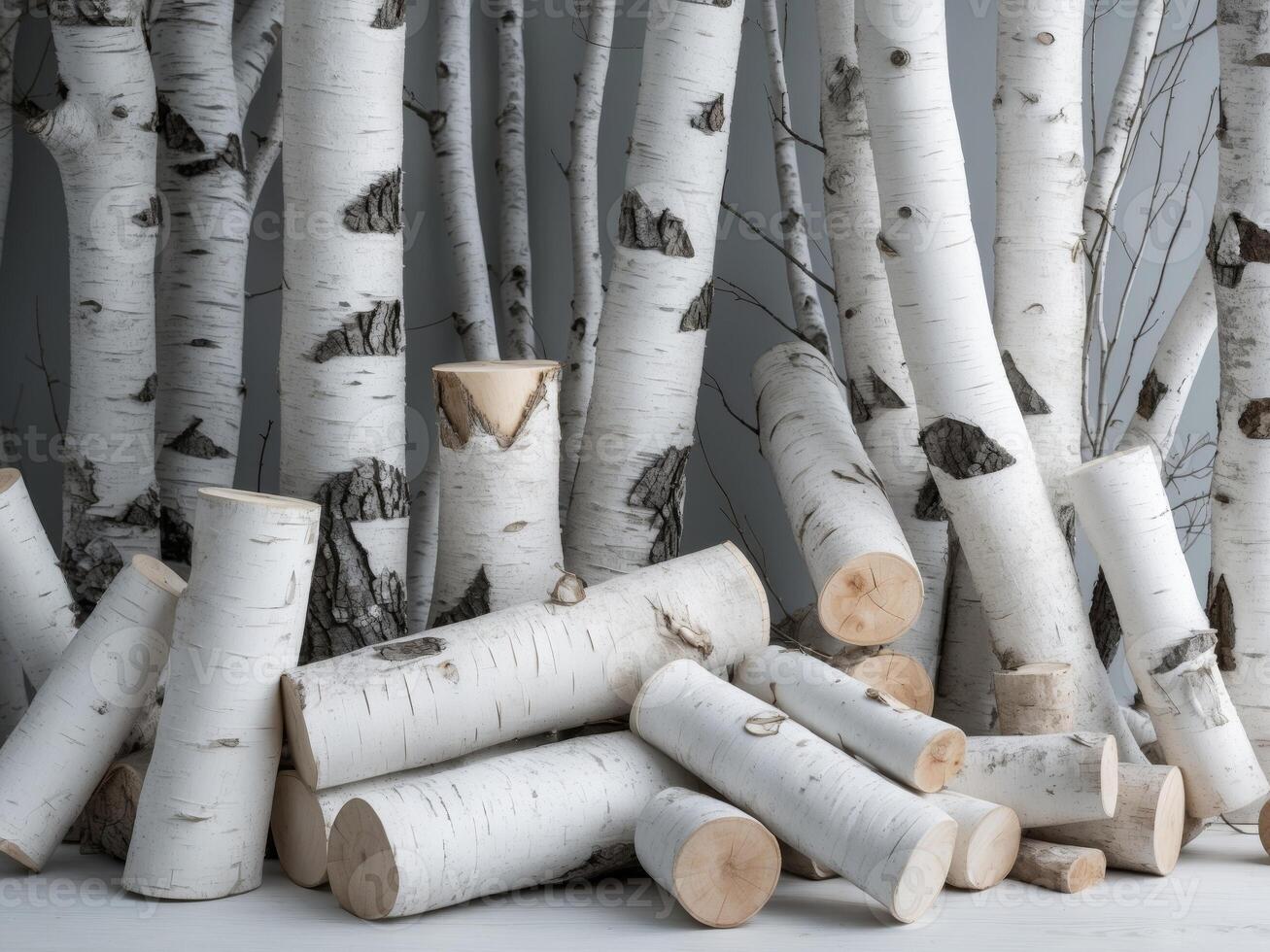 Bark tree texture background featuring white birch logs with ample copy space for design and marketing purposes photo