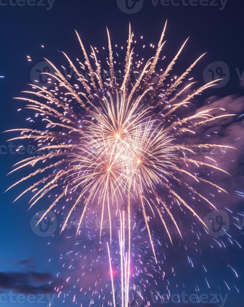 A burst of colorful fireworks lighting up the dark night sky vertical photo