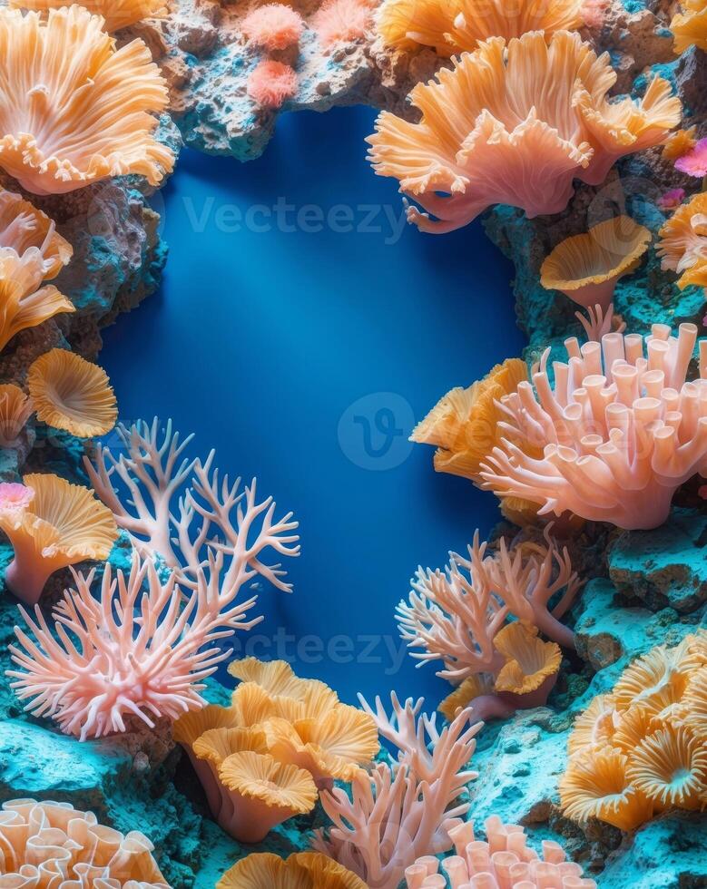 Vibrant Coral Reef Display on Blue Background for Underwater Scenes. photo