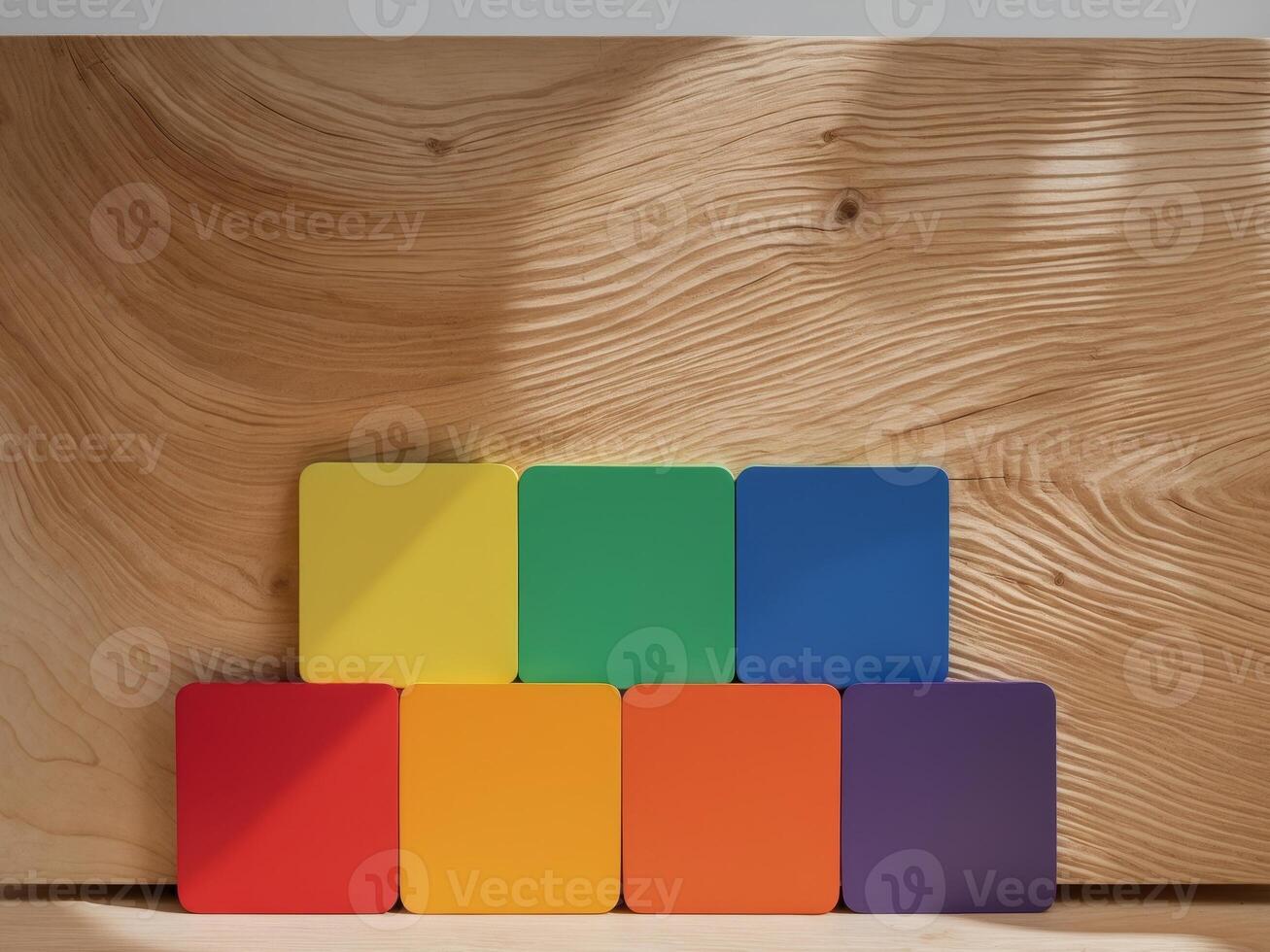 A wooden board with six different colored squares on it photo