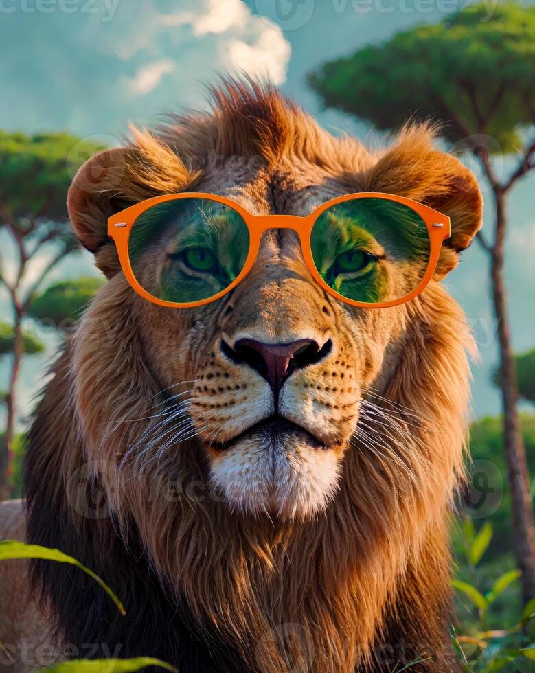Lion Wearing Sunglasses in Vibrant Nature photo