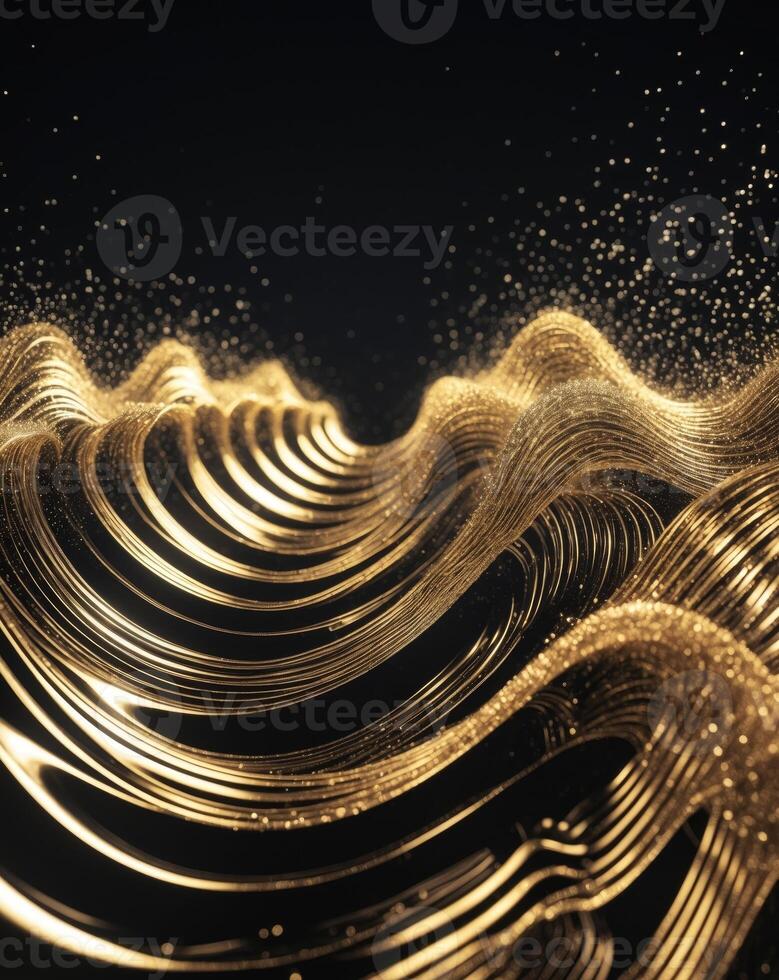 Golden Swirling Waves With Sparkling Particles in a Dark Background. photo