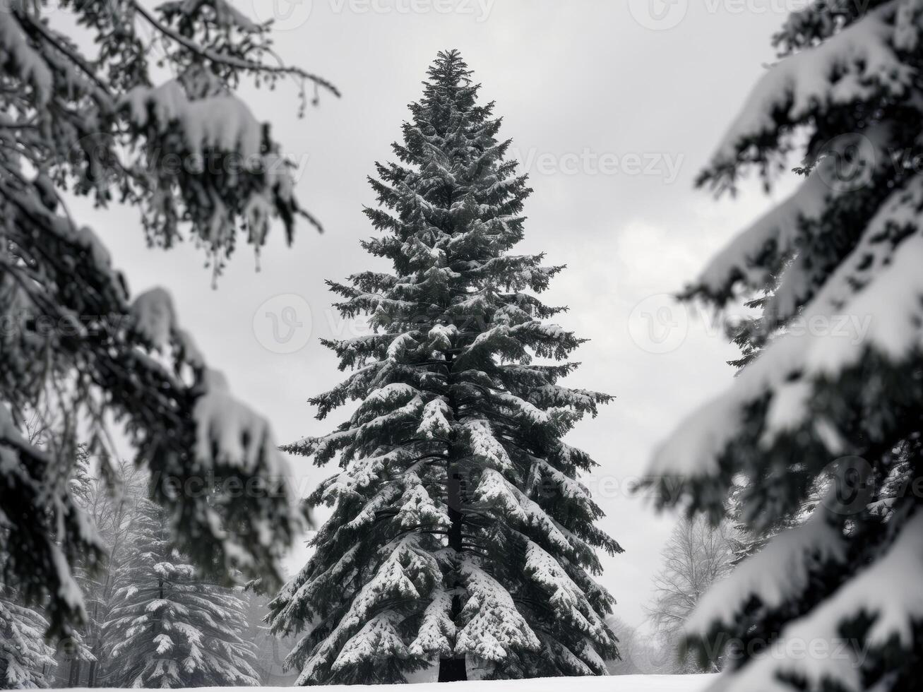 Tall evergreen tree with snow covered branches photo