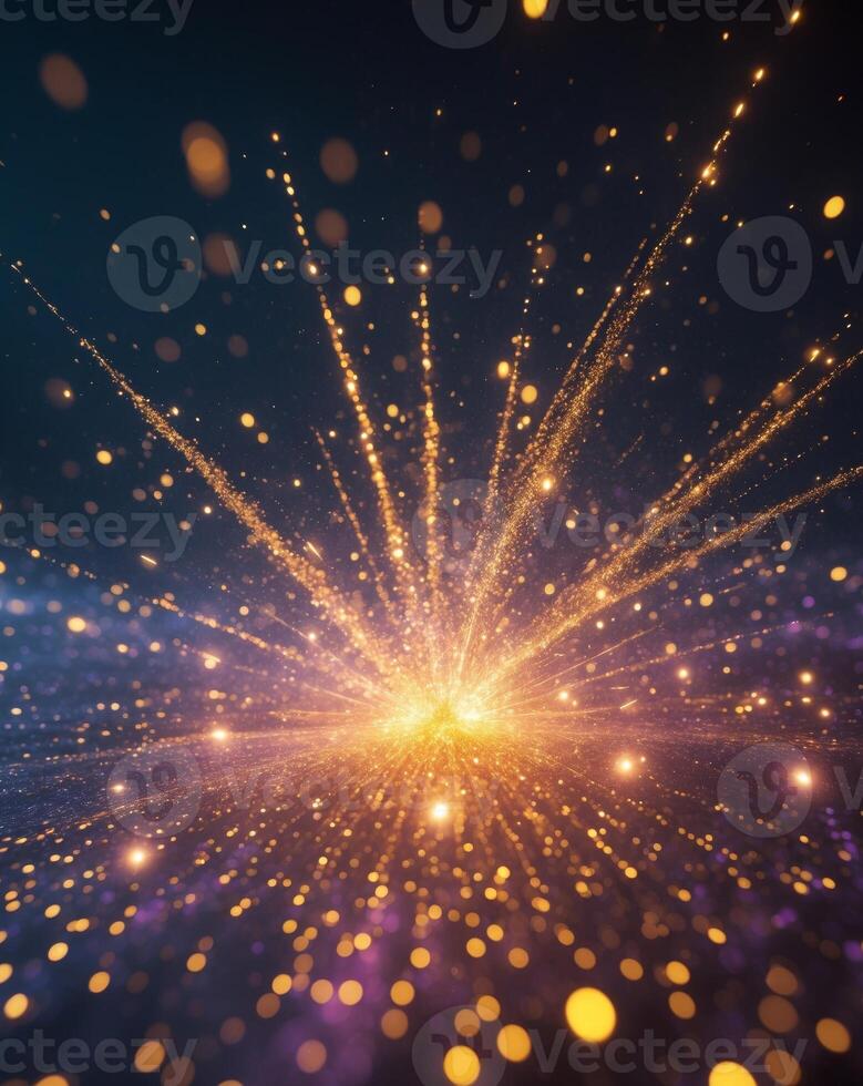 Golden Particles Shimmering in Dark Space With Vivid Light Bursts and Sparkles. photo