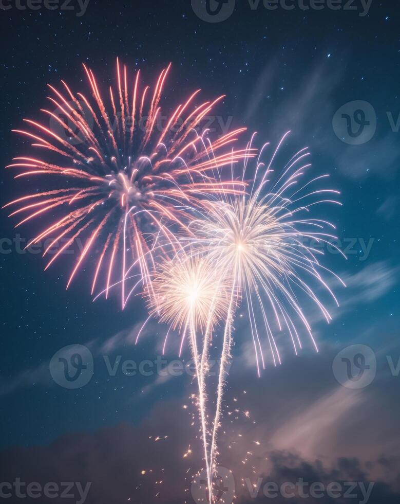 Firework Display Creating Bursts of Light on a Dark Night Sky in a Festive Celebration. photo