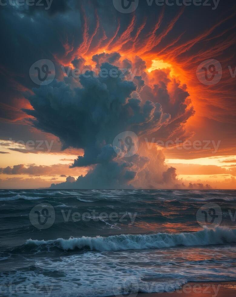 Dramatic Explosive Cloud Forming Over Ocean at Twilight with Fiery Colors and Dark Stormy Sky. photo