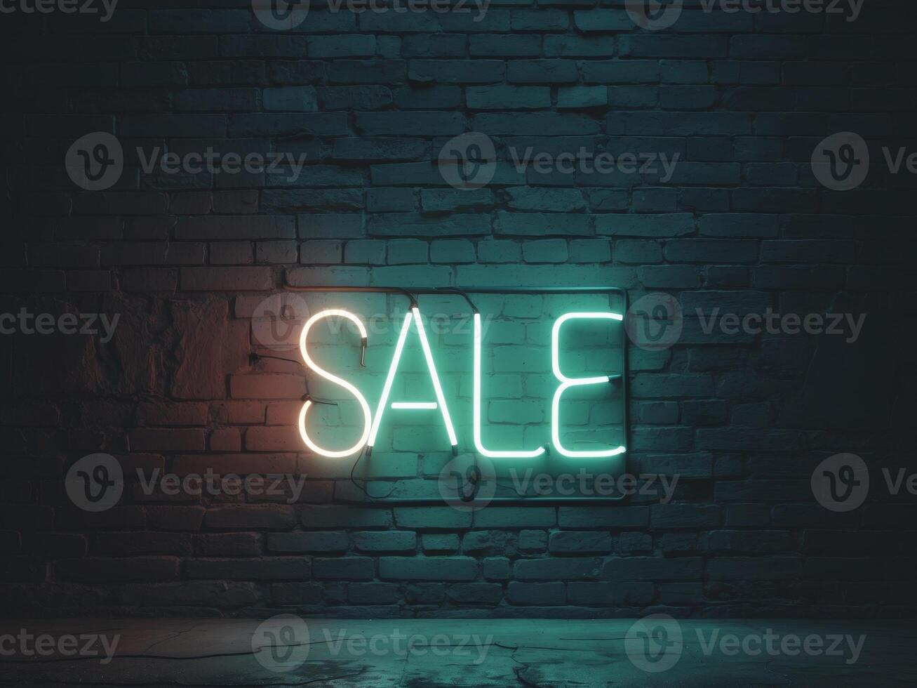 Bright Neon Sale Sign Illuminating a Dark Brick Wall Background. photo