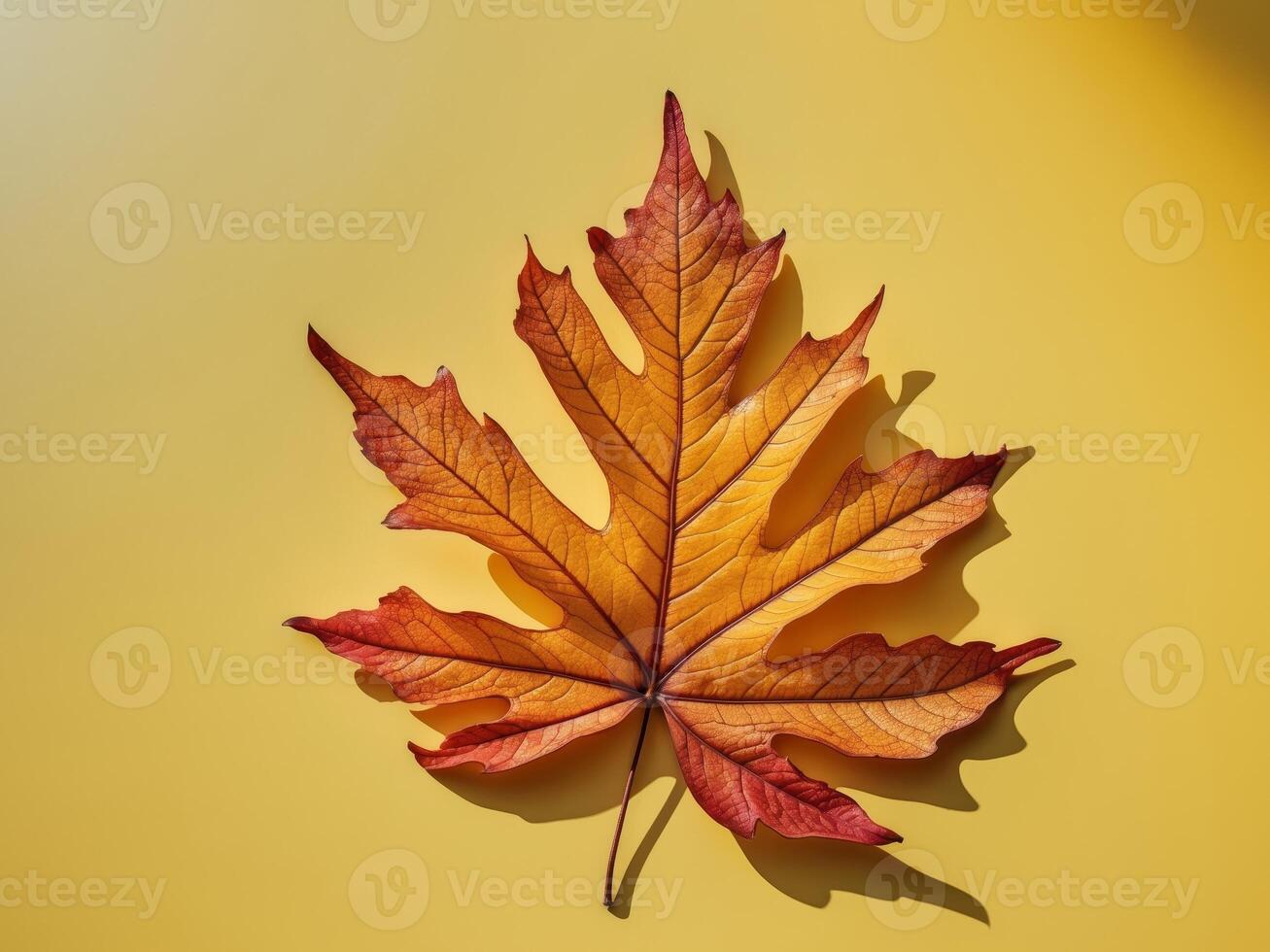 Vibrant Autumn Leaf on Yellow Background for Creative Design Projects photo