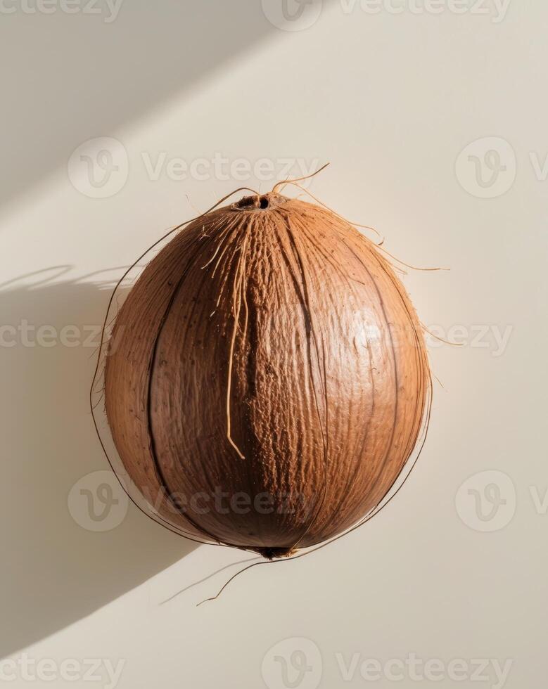 Flat Lay Top View of Bright Ripe Fragrant Brown Coconut Fruit as Background. photo