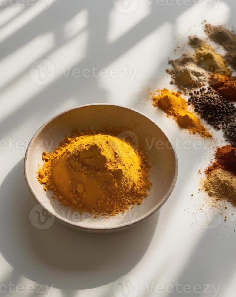 Turmeric Powder in a Ceramic Bowl with Spices photo