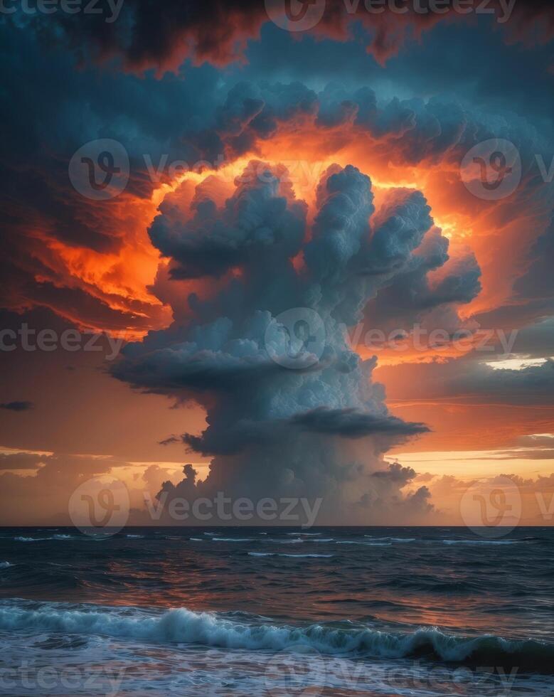 Dramatic Explosive Cloud Forming Over Ocean at Twilight with Fiery Colors and Dark Stormy Sky. photo