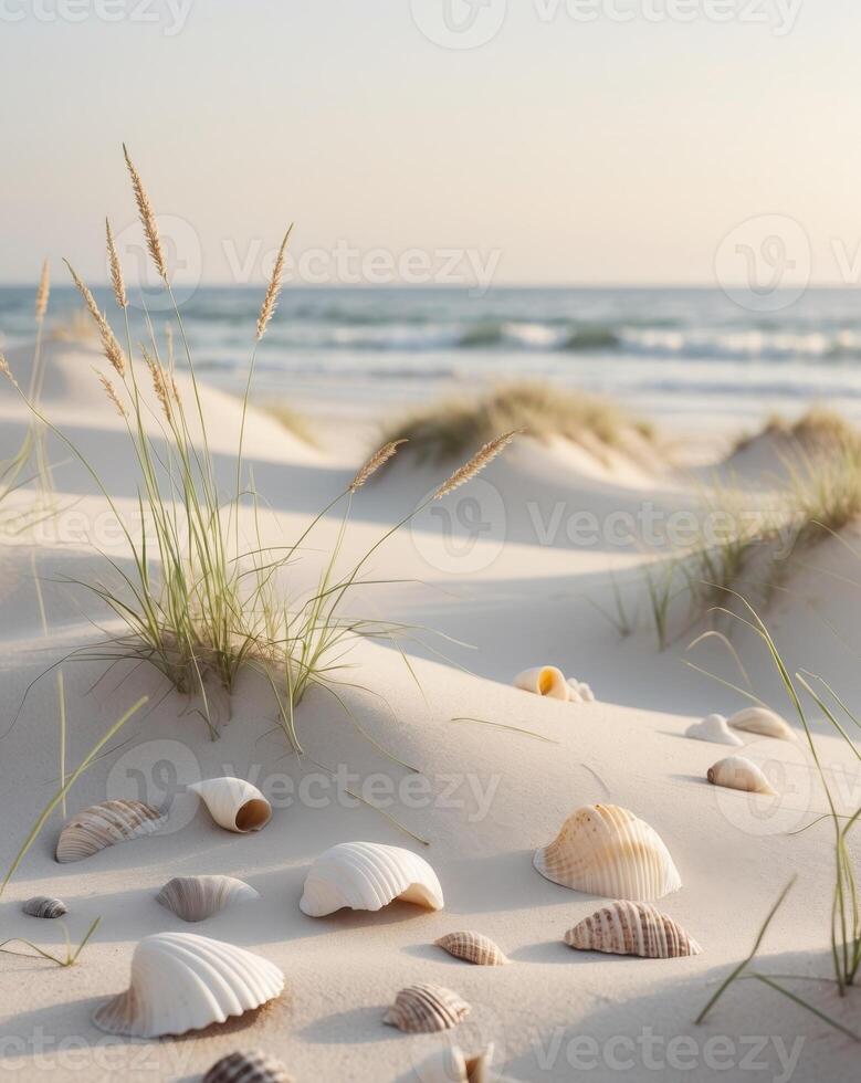 Tranquil Beach Scene with Shells and Grass on Soft Sand Dunes photo