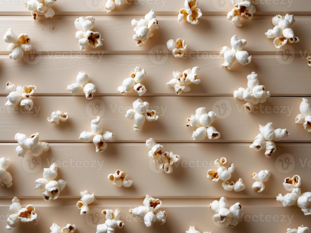 Popcorn scattered playfully across a light wooden background creates a festive atmosphere perfect for celebrations and gatherings. photo