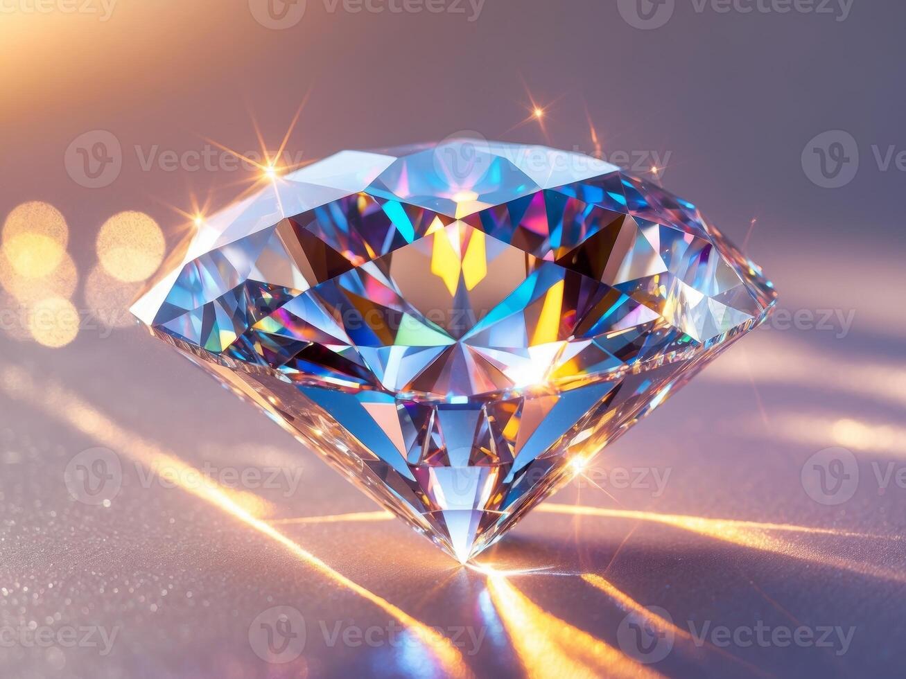 Beautiful diamond sparkling at sunset with glistening reflections on the surface. photo