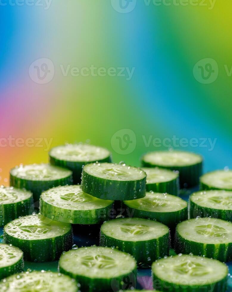 Fresh Cut Cucumbers on Colorful Background for Healthy Eating. photo