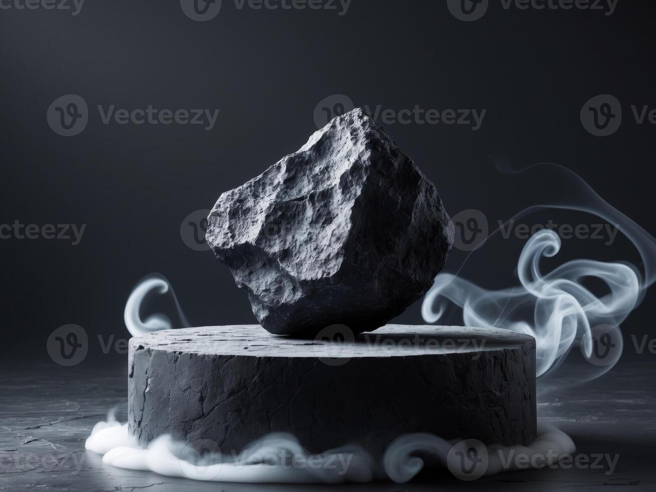 Minimal black dark circle podium rough surface rock meteorite with smoke or fog. photo