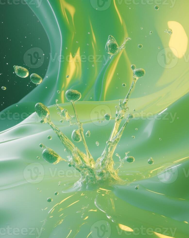 Dynamic Juice Droplets Exploding Amidst a Green Background. photo