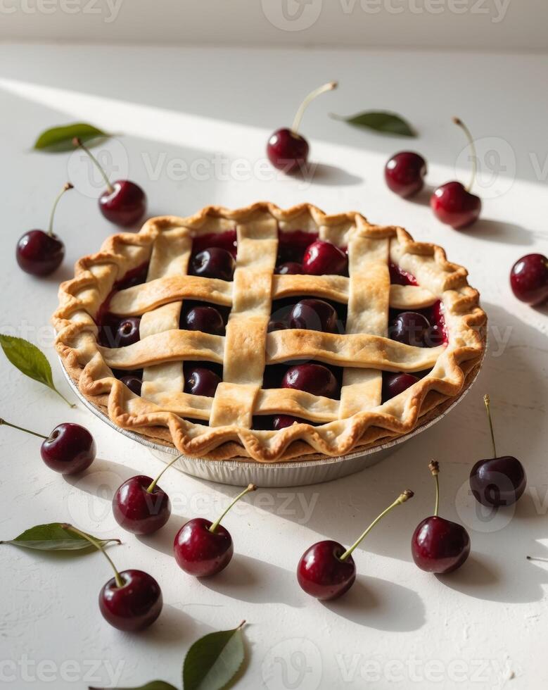 Rustic Cherry Pie with Golden Lattice Crust and Fresh Cherries photo