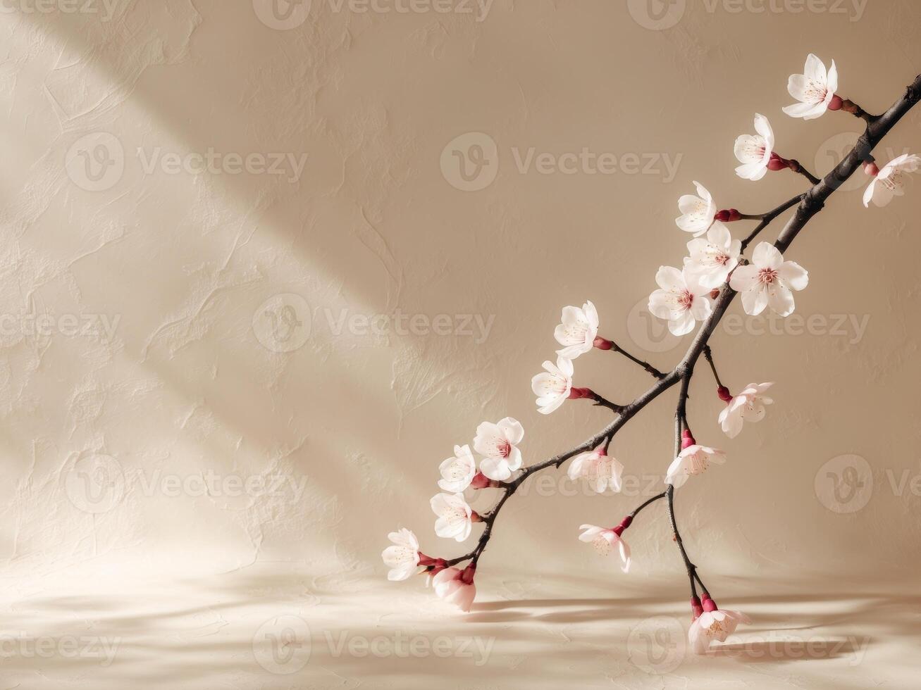 Beautiful White Cherry Blossom Branch on Soft Beige Background for Relaxing Atmosphere. photo