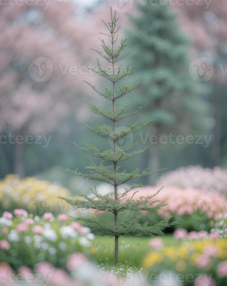 A small tree in a park surrounded by flowers photo