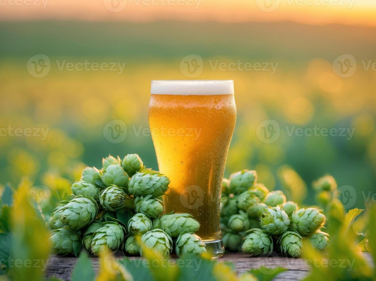 A glass of beer and some hops on a wooden table photo
